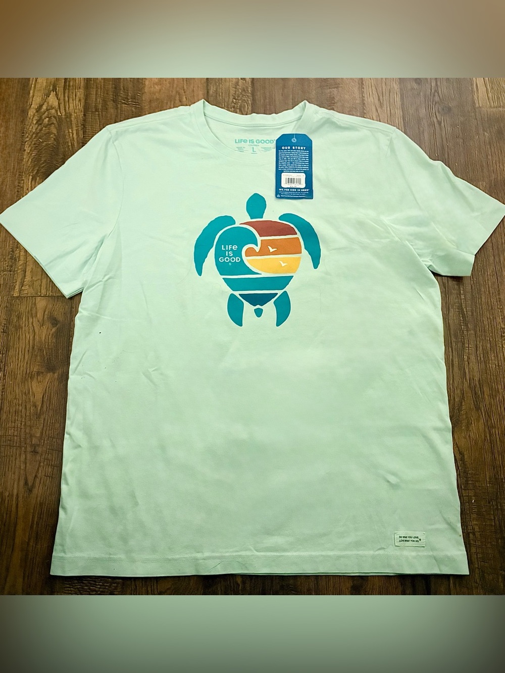 NEW Life Is Good Men's Crusher Tee Shirt Green Wavy Turtle Design Size Large